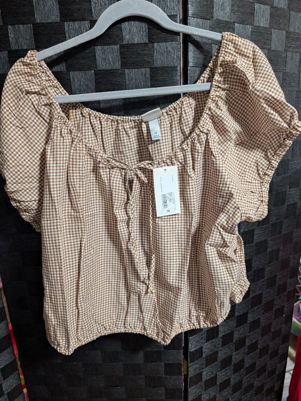 A New Day Brown & White Gingham Check Puff Sleeve Tie Front Crop Top Size 1X NWT